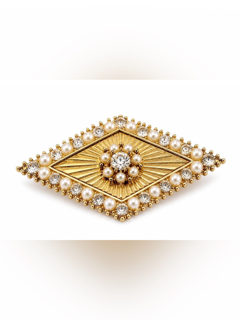 Unknown Vintage Gold Brooch Pin Faux Pearl Rhinestone Estate Jewelry